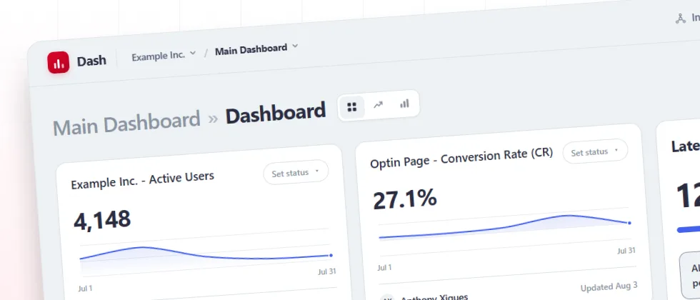 The Dash dashboard with KPI cards, sparkline trends, and latest-period status
