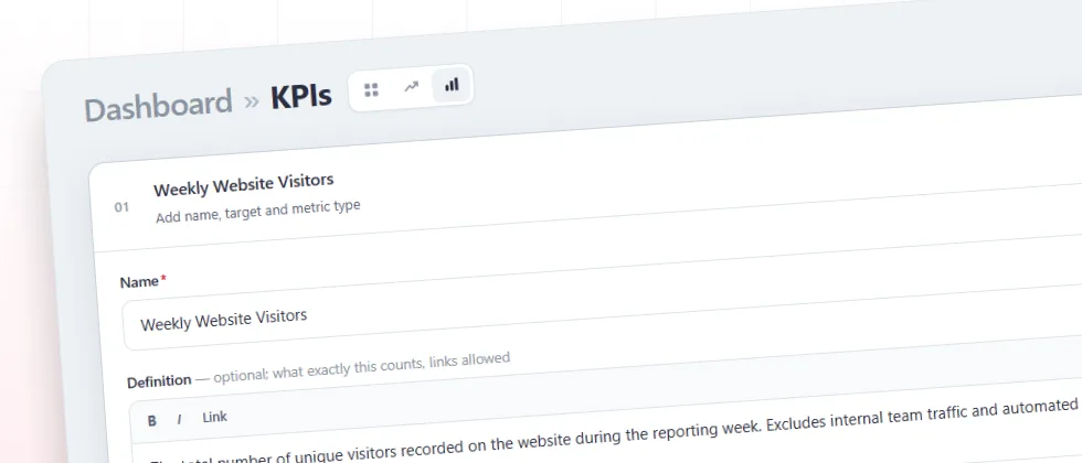 The KPI builder form, naming and defining a weekly website visitors metric