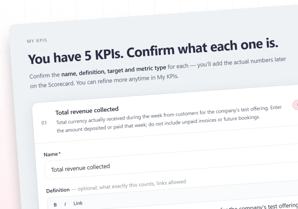 The KPI builder, defining a metric with its target and owner