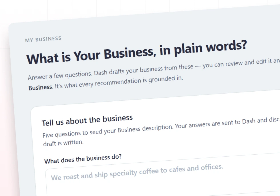 The My Business setup screen, describing what the company does, who it serves, and how it earns